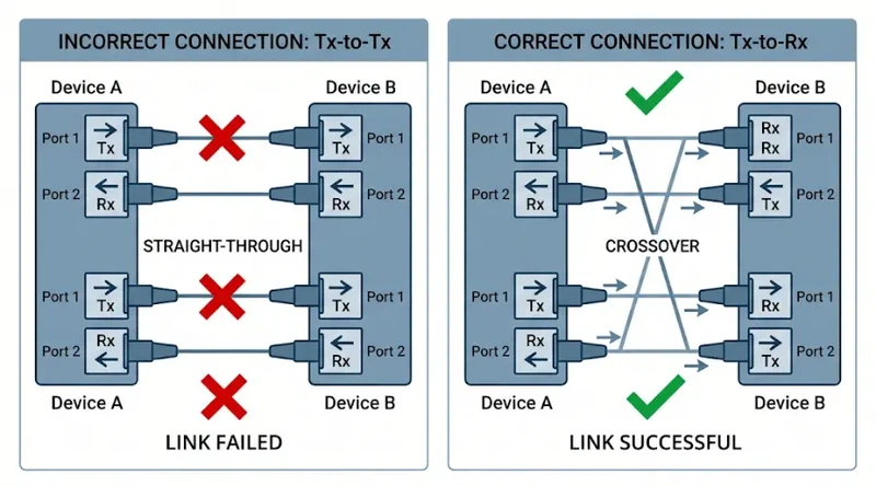 Correct and incorrect Tx Rx fiber polarity connection diagram Correct and incorrect Tx Rx fiber polarity connection diagram