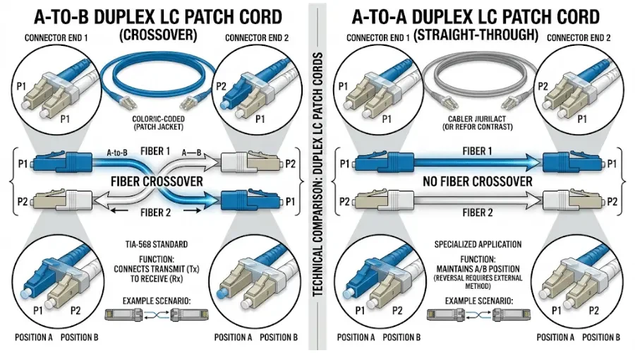 A-to-B versus A-to-A duplex LC fiber patch cord polarity comparison A-to-B versus A-to-A duplex LC fiber patch cord polarity comparison
