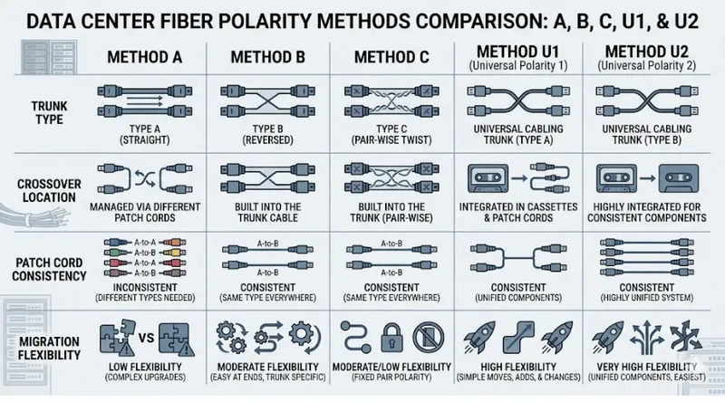 Fiber polarity methods A B C U1 and U2 comparison infographic Fiber polarity methods A B C U1 and U2 comparison infographic